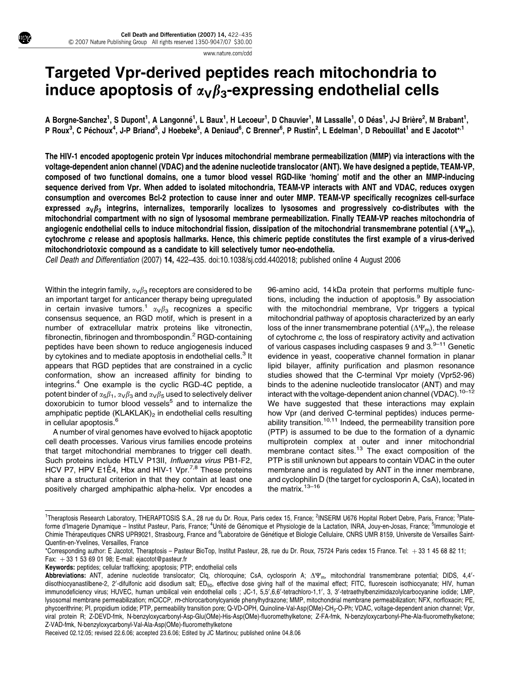 Targeted Vpr-Derived Peptides Reach Mitochondria to Induce Apoptosis of Avb3-Expressing Endothelial Cells