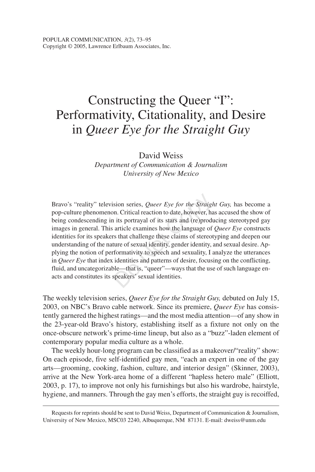 “I”: Performativity, Citationality, and Desire in Queer Eye for the Straight Guy