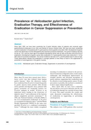 Prevalence of Helicobacter Pylori Infection, Eradication Therapy, and Effectiveness of Eradication in Cancer Suppression Or Prevention
