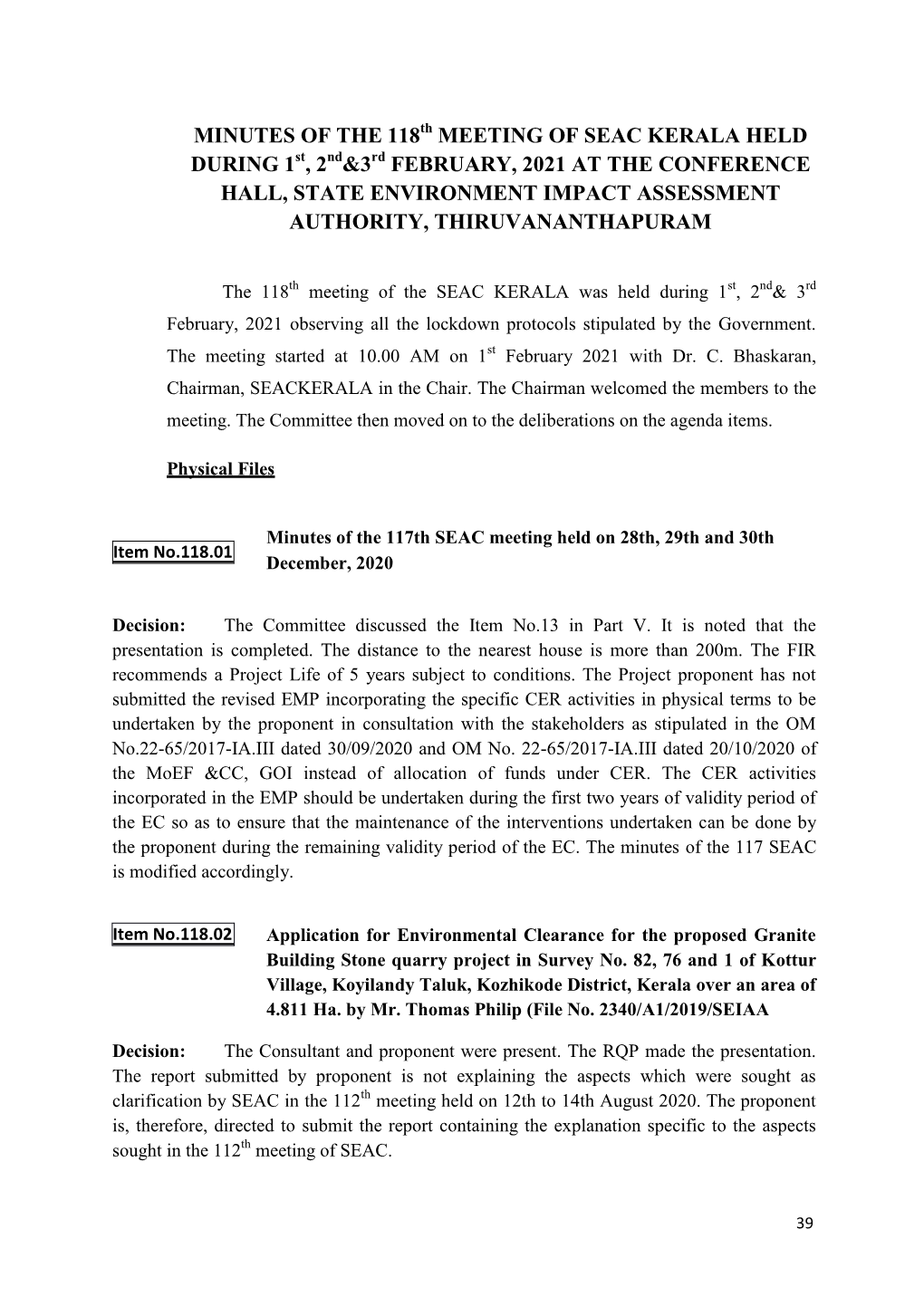 Minutes of the 118 Meeting of Seac Kerala Held During 1