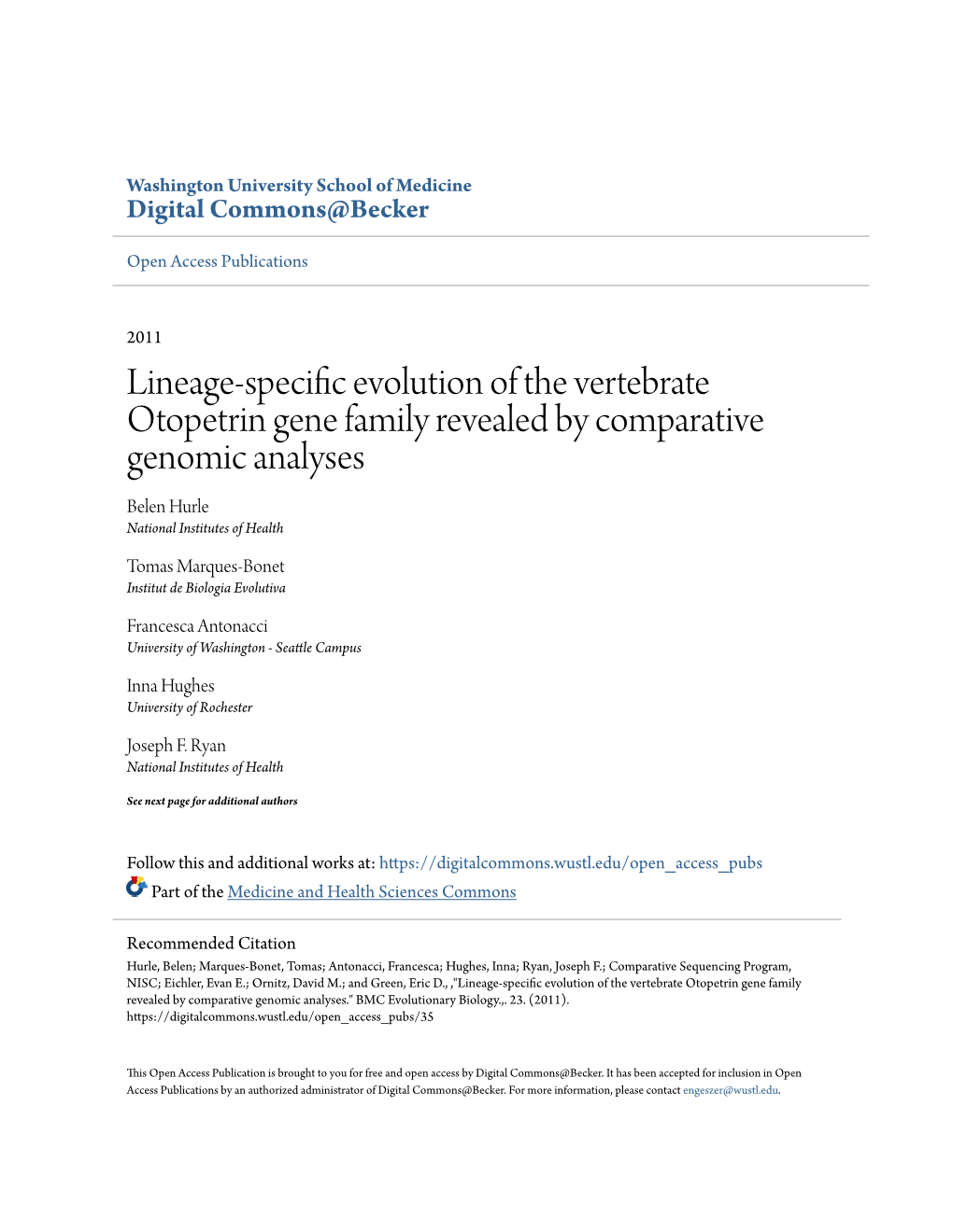 Lineage-Specific Evolution of the Vertebrate Otopetrin Gene Family Revealed by Comparative Genomic Analyses Belen Hurle National Institutes of Health