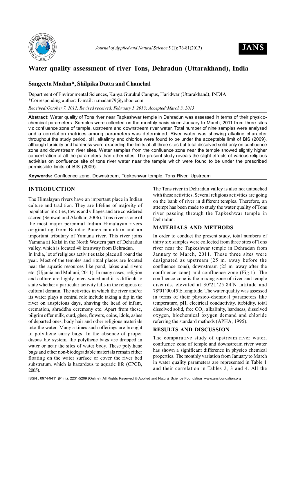 Water Quality Assessment of River Tons, Dehradun (Uttarakhand), India