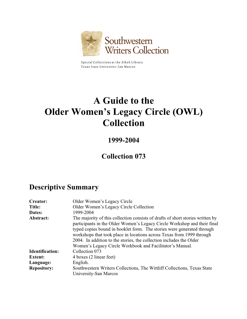 A Guide to the Older Women's Legacy Circle (OWL)