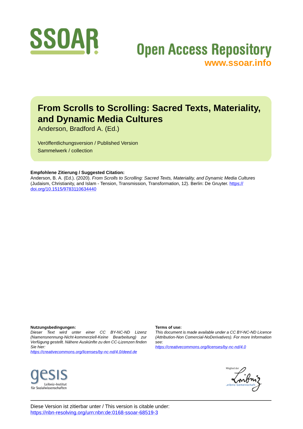 From Scrolls to Scrolling: Sacred Texts, Materiality, and Dynamic Media Cultures Anderson, Bradford A