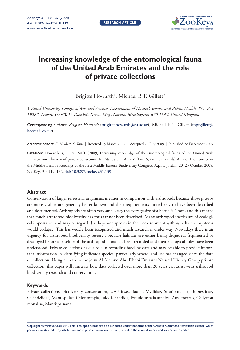 Increasing Knowledge of the Entomological Fauna of the United Arab Emirates and the Role of Private Collections