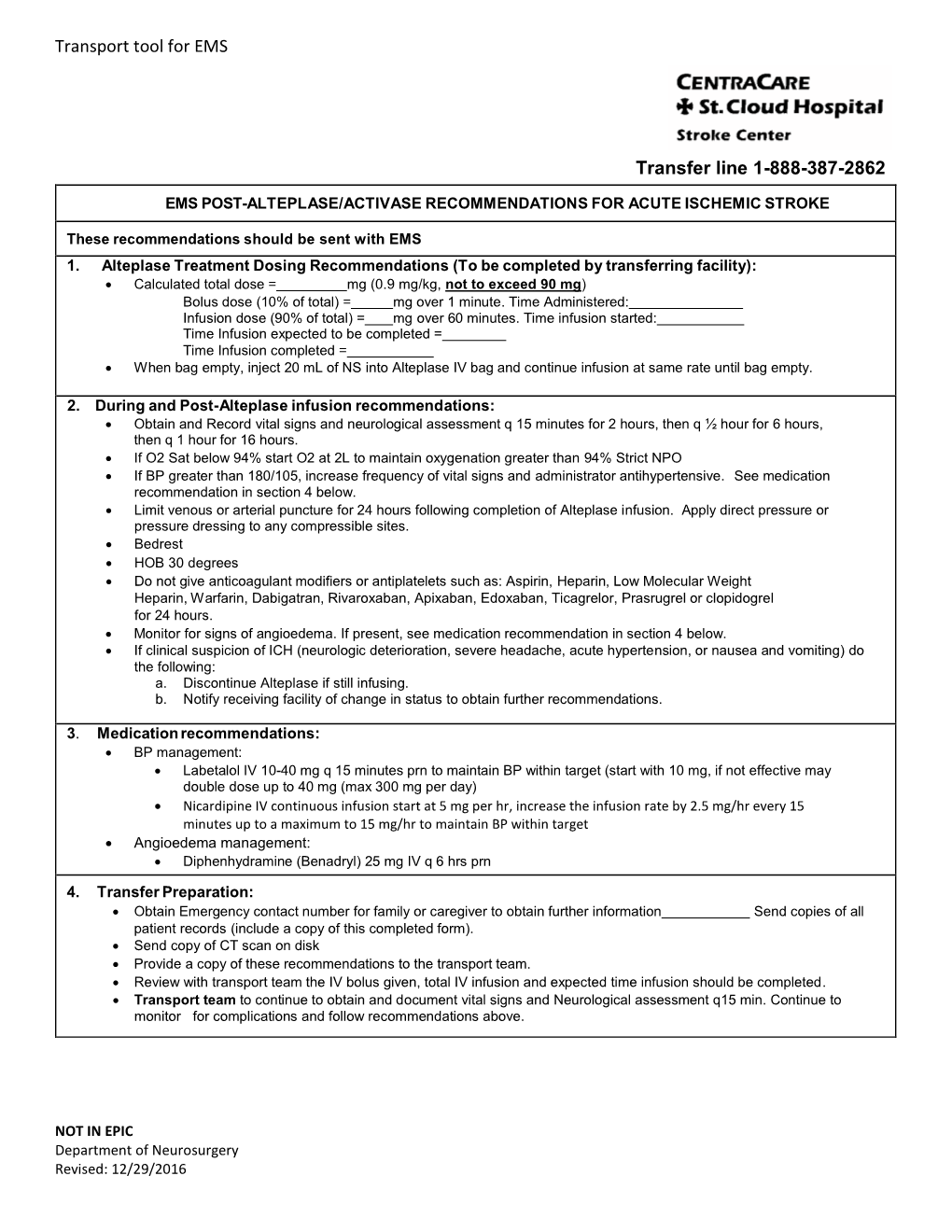 Alteplase Tpa Orders for Stroke