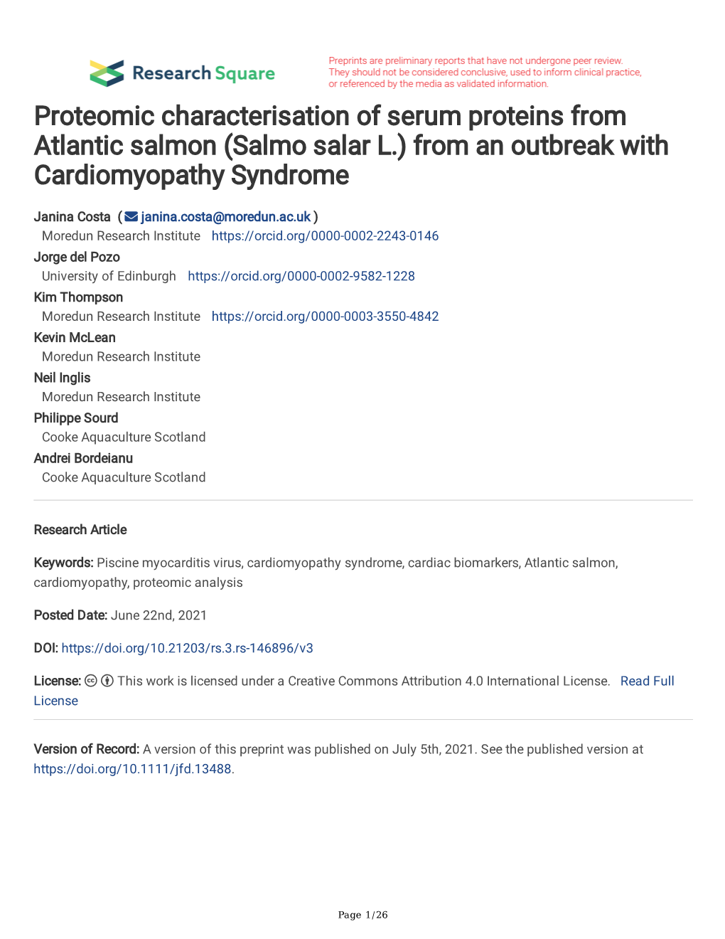 Proteomic Characterisation of Serum Proteins from Atlantic Salmon (Salmo Salar L.) from an Outbreak with Cardiomyopathy Syndrome