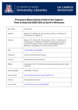 Precovery Observations Confirm the Capture Time of Asteroid 2020 CD3 As Earth's Minimoon