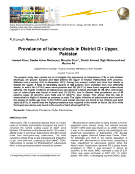Prevalance of Tuberculosis in District Dir Upper, Pakistan
