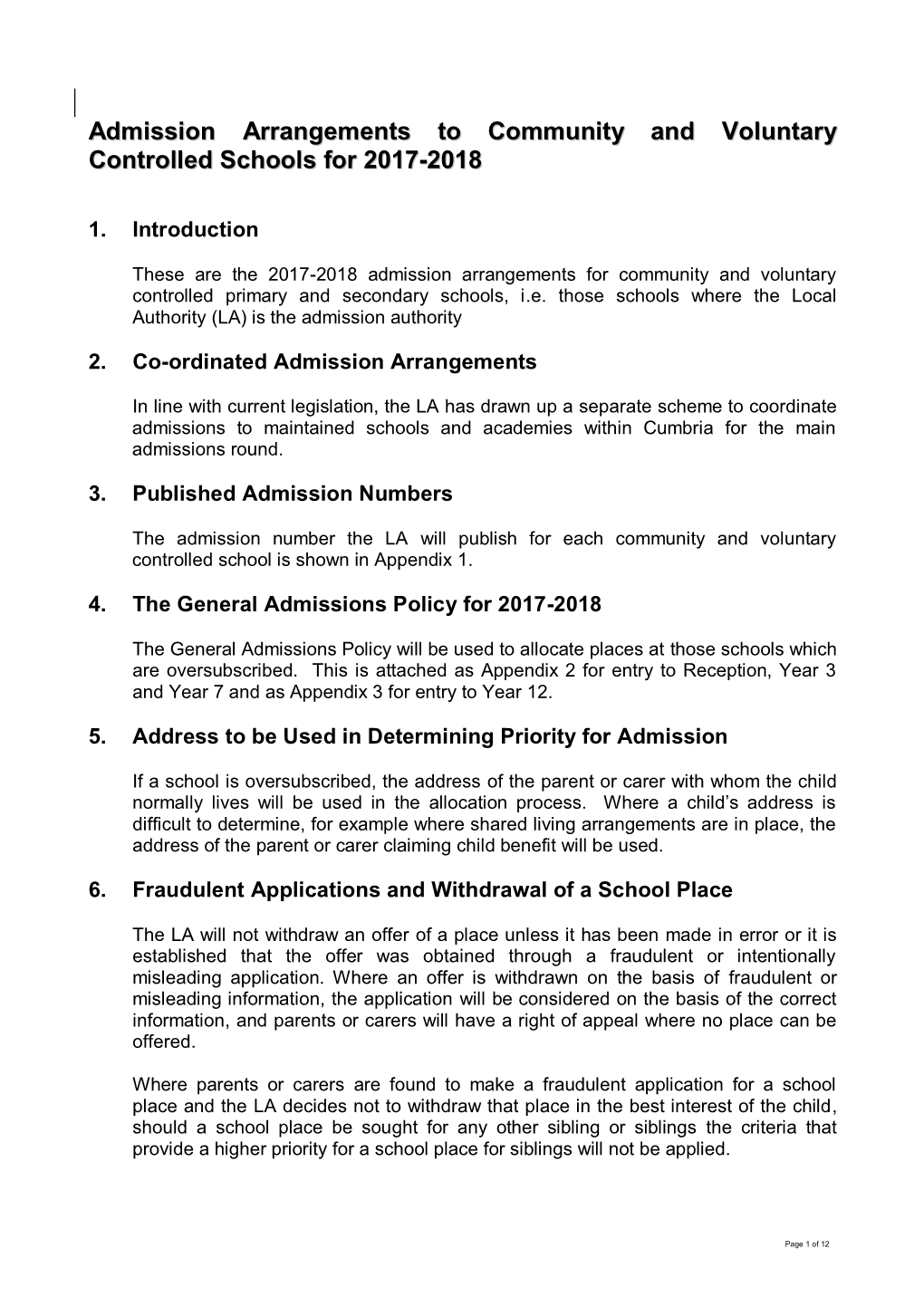 Admissions Policy for 2017-2018