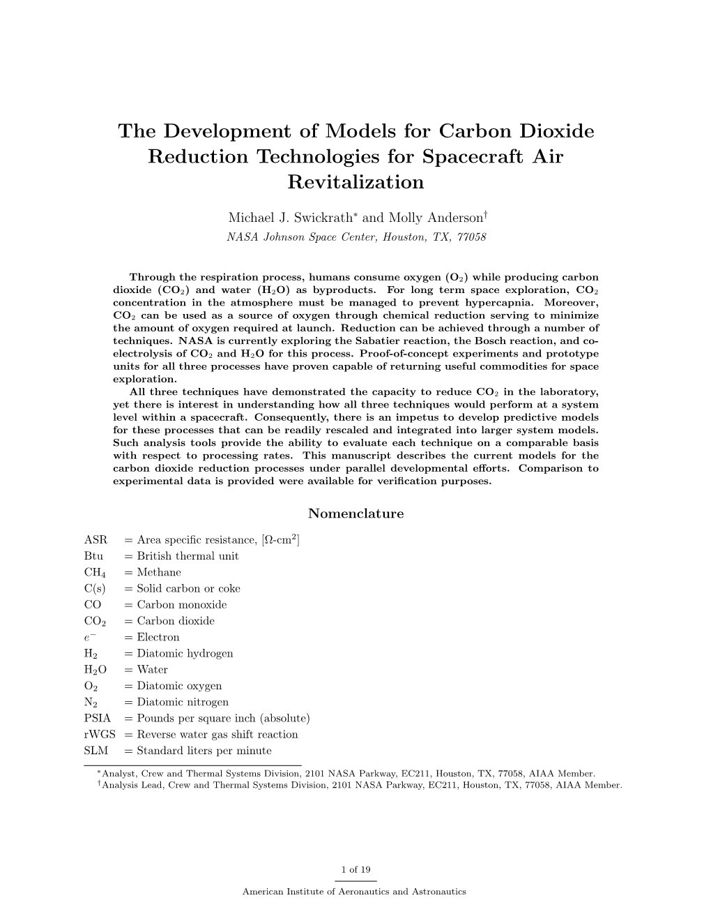 The Development of Models for Carbon Dioxide Reduction Technologies for Spacecraft Air Revitalization