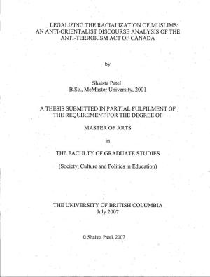AN ANTI-ORIENTALIST DISCOURSE ANALYSIS of the ANTI-TERRORISM ACT of CANADA by Shaista P