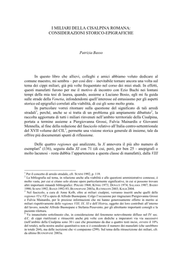 I Miliari Della Cisalpina Romana: Considerazioni Storico-Epigrafiche