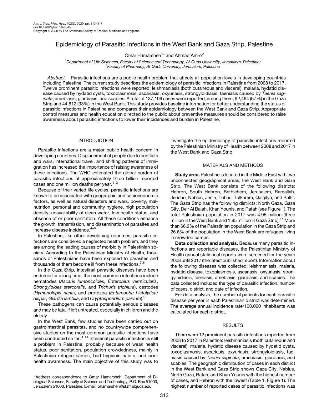 Epidemiology of Parasitic Infections in the West Bank and Gaza Strip, Palestine