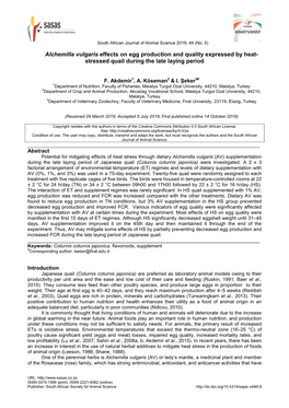 Alchemilla Vulgaris Effects on Egg Production and Quality Expressed by Heat- Stressed Quail During the Late Laying Period