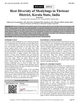 Host Diversity of Mealybugs in Thrissur District, Kerala State, India Juvin Jose* Neelankavil (H), Choolissery