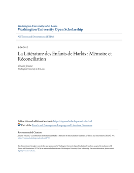 La Littérature Des Enfants De Harkis : Mémoire Et Réconciliation Vincent Jouane Washington University in St