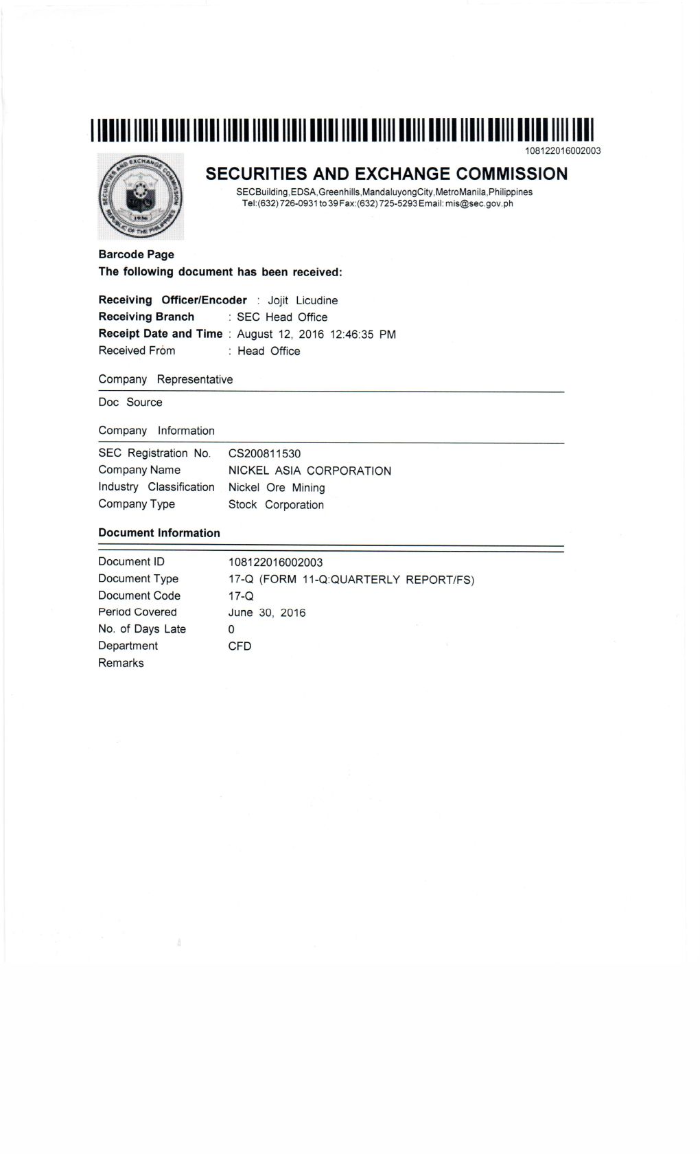 Financial Report for Second Quarter 2016