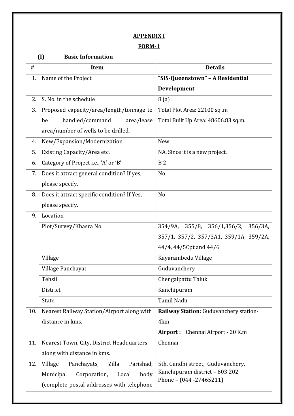 APPENDIX I FORM-1 (I) Basic Information # Item Details “SIS-Queenstown” – a Residential