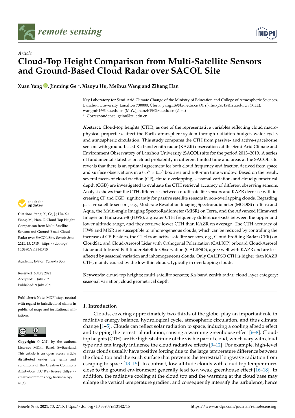 Cloud-Top Height Comparison from Multi-Satellite Sensors and Ground-Based Cloud Radar Over SACOL Site