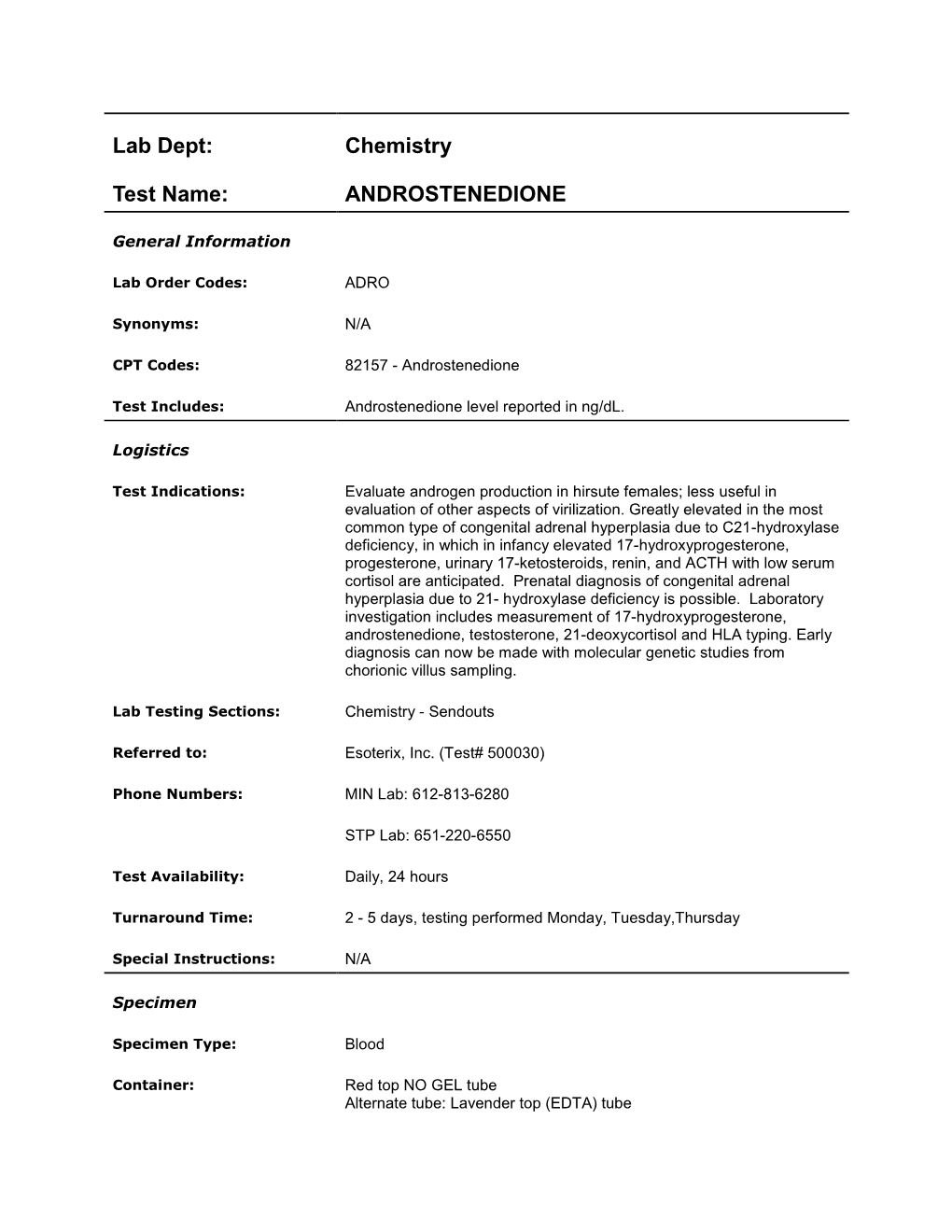 Lab Dept: Chemistry Test Name: ANDROSTENEDIONE