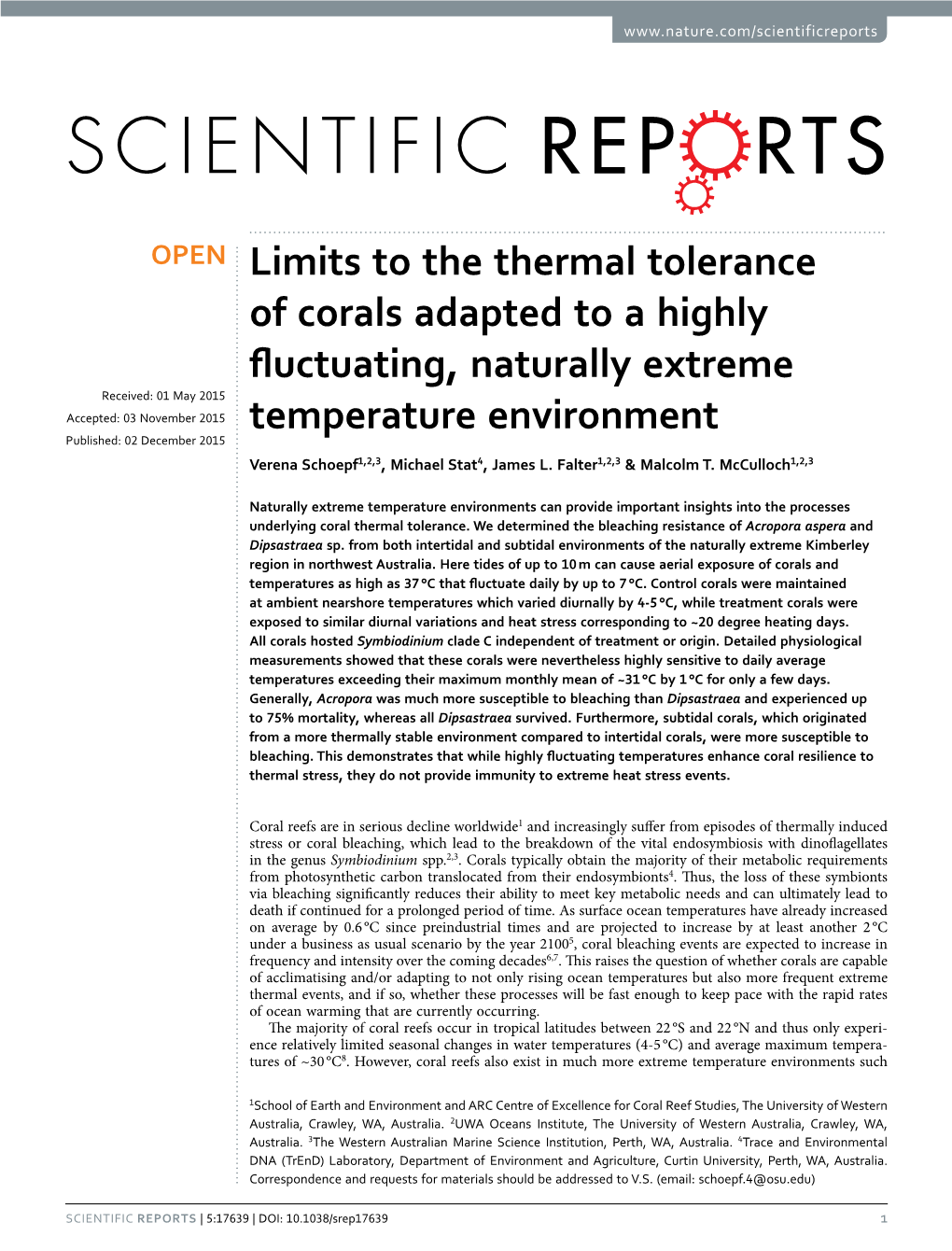 Limits to the Thermal Tolerance of Corals Adapted to a Highly Fluctuating, Naturally Extreme Temperature Environment