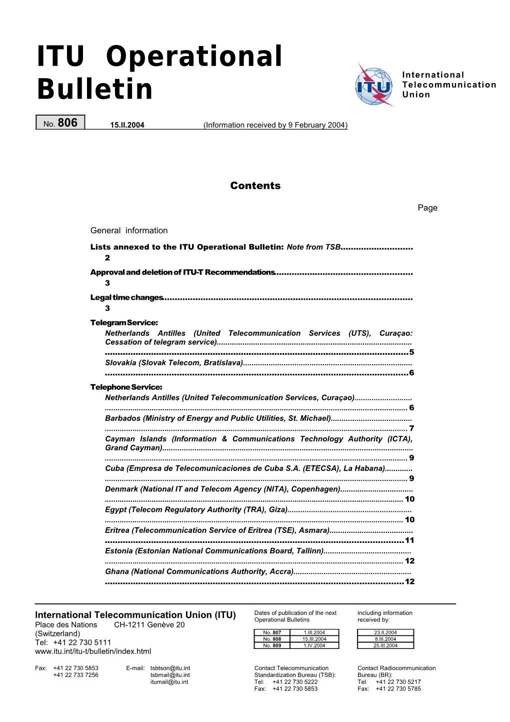 ITU Operational Bulletin No. 806 - 15.II.2003