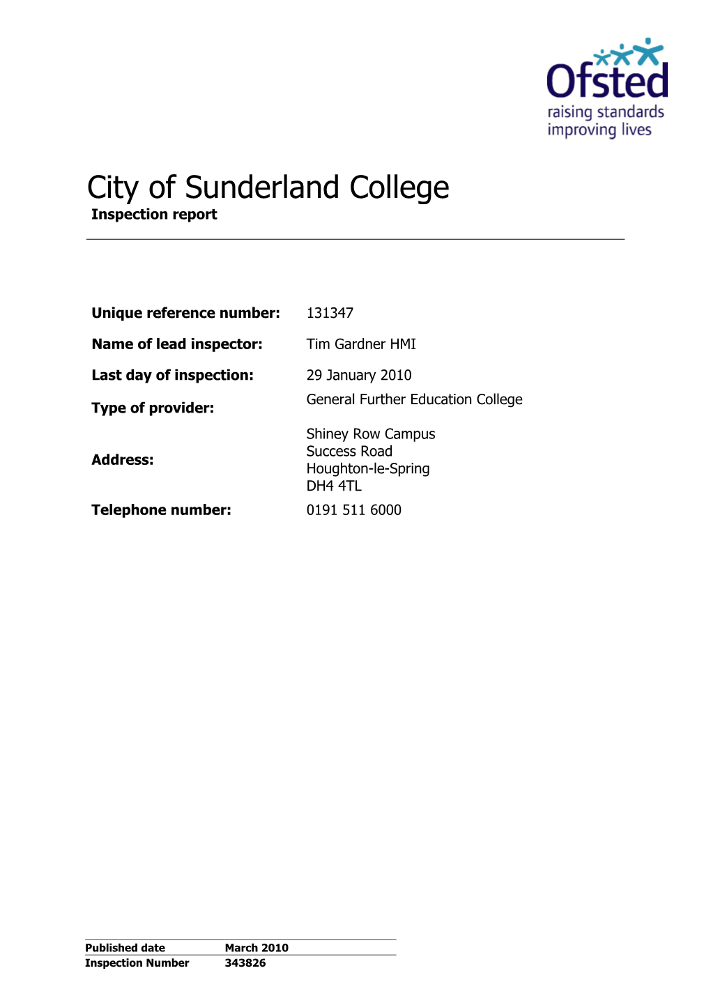 City of Sunderland College Inspection Report