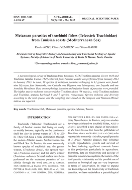 Metazoan Parasites of Trachinid Fishes (Teleostei: Trachinidae) from Tunisian Coasts (Mediterranean Sea)