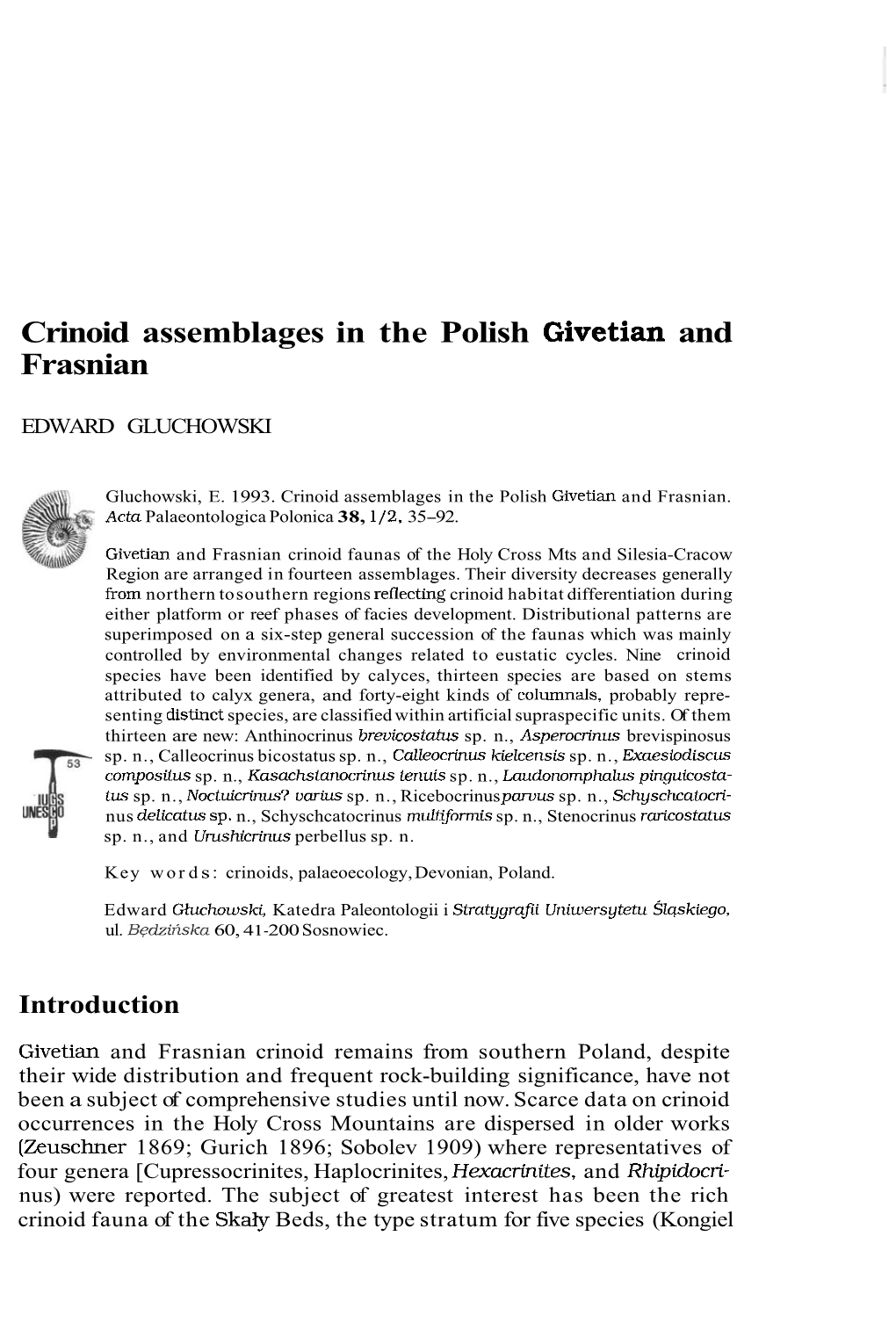 Crinoid Assemblages in the Polish Givetian and Frasnian