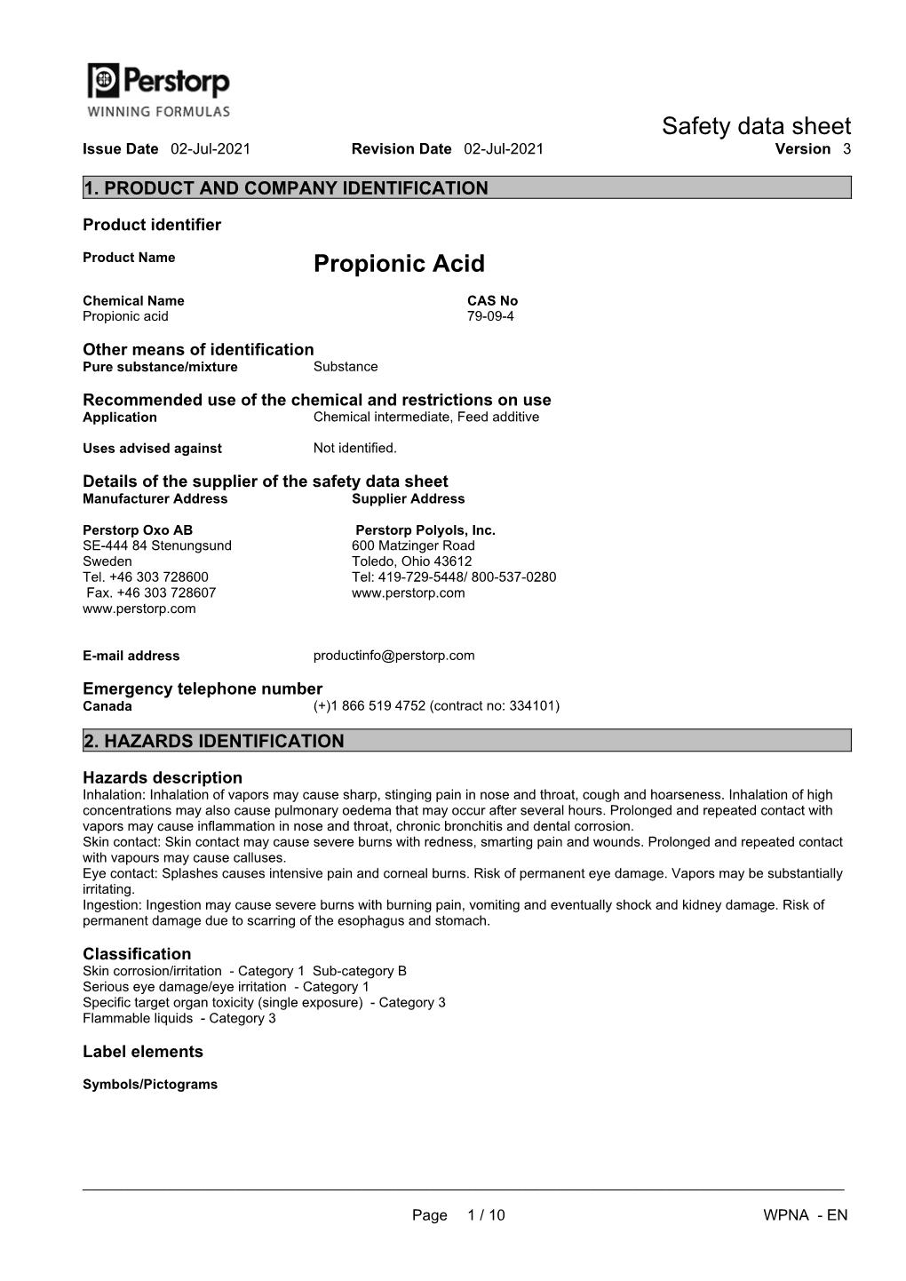 Safety Data Sheet Propionic Acid