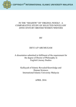 Of Virginia Woolf: a Comparative Study of Selected Novels by 20Th Century British Women Writers