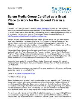 Salem Media Group Certified As a Great Place to Work for the Second Year in a Row