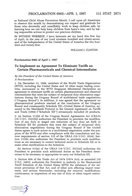 PROCLAMATION 6982—APR. 1, 1997 111 STAT. 2871 to Implement an Agreement to Eliminate Tariffs on Certain Pharmaceuticals and Ch