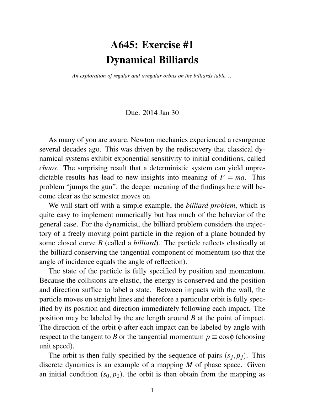 A645: Exercise #1 Dynamical Billiards