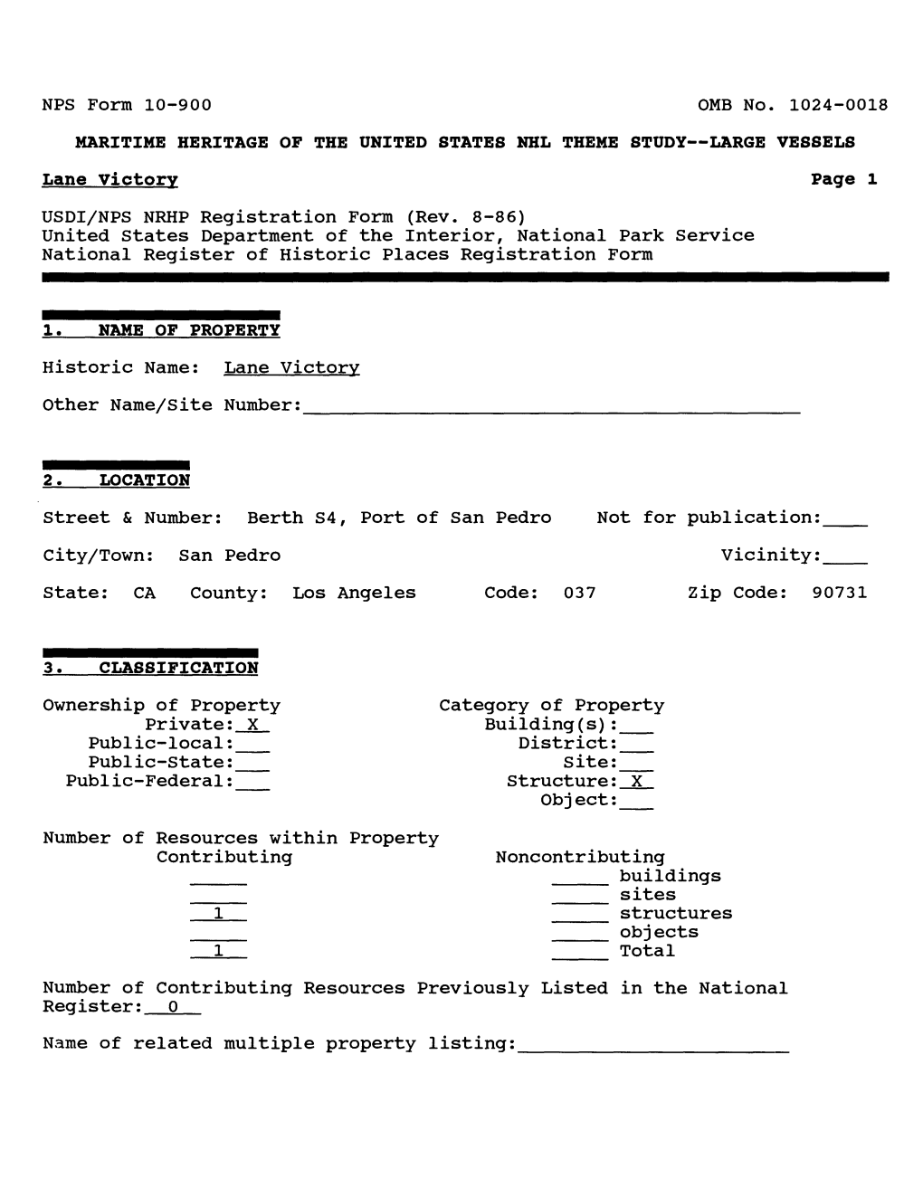 Lane Victory Page 1 USDI/NPS NRHP Registration Form (Rev