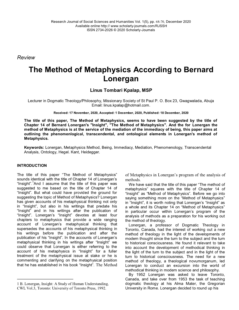 The Method of Metaphysics According to Bernard Lonergan