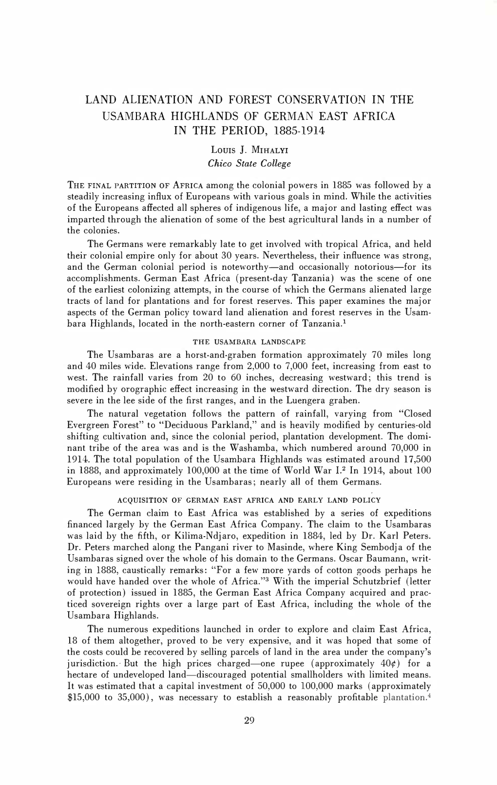 Land Alienation and Forest Conservation in the Usambara Highlands of German East Africa in the Period, 1885-1914