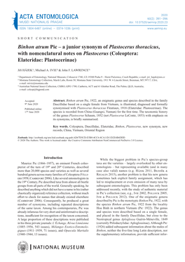 A Junior Synonym of Plastocerus Thoracicus, with Nomenclatural Notes on Plastocerus (Coleoptera: Elateridae: Plastocerinae)
