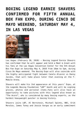 Boxing Legend Earnie Shavers Confirmed for Fifth Annual Box Fan Expo, During Cinco De Mayo Weekend, Saturday May 4, in Las Vegas