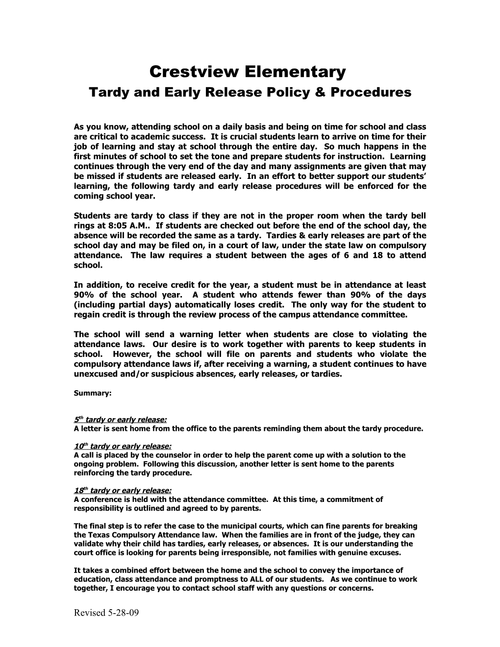 Tardy and Early Release Policy & Procedures