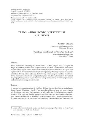 Translating Ironic Intertextual Allusions.” In: Martínez Sierra, Juan José & Patrick Zabalbeascoa Terran (Eds.) 2017