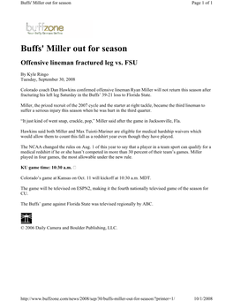 Buffs' Miller out for Season Page 1 of 1