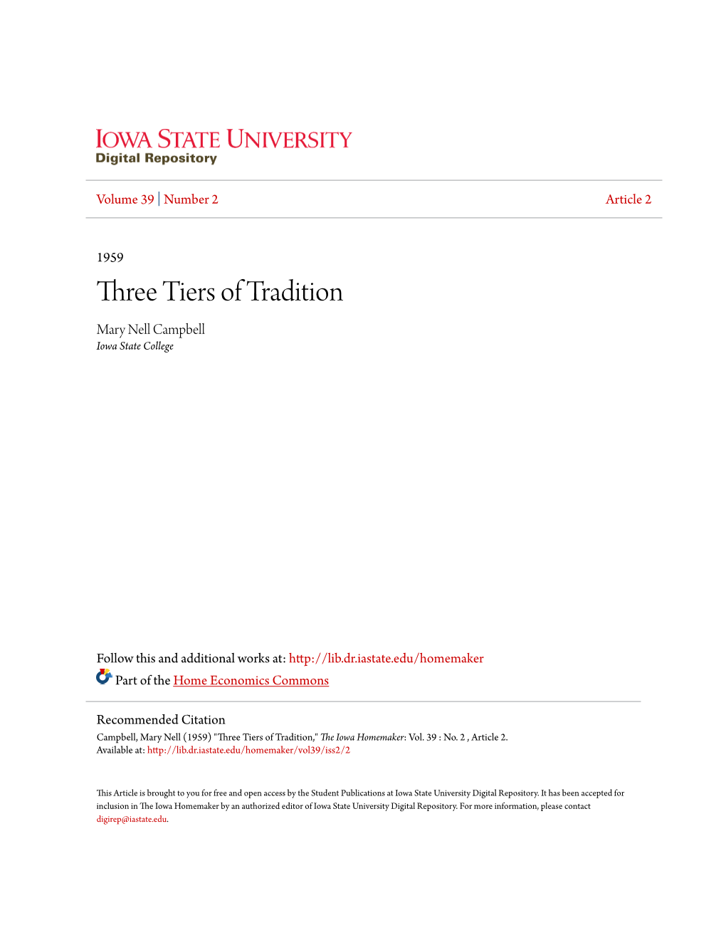 Three Tiers of Tradition Mary Nell Campbell Iowa State College