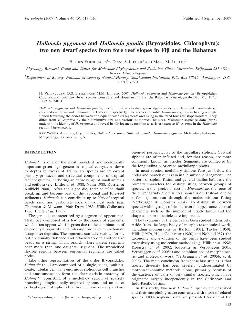 (Bryopsidales, Chlorophyta): Two New Dwarf Species from Fore Reef Slopes in Fiji and the Bahamas