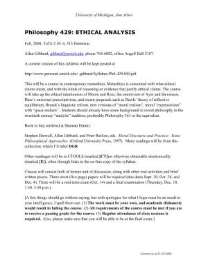 Philosophy 429: ETHICAL ANALYSIS