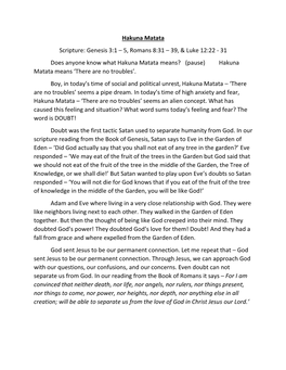 Hakuna Matata Scripture: Genesis 3:1 – 5, Romans 8:31