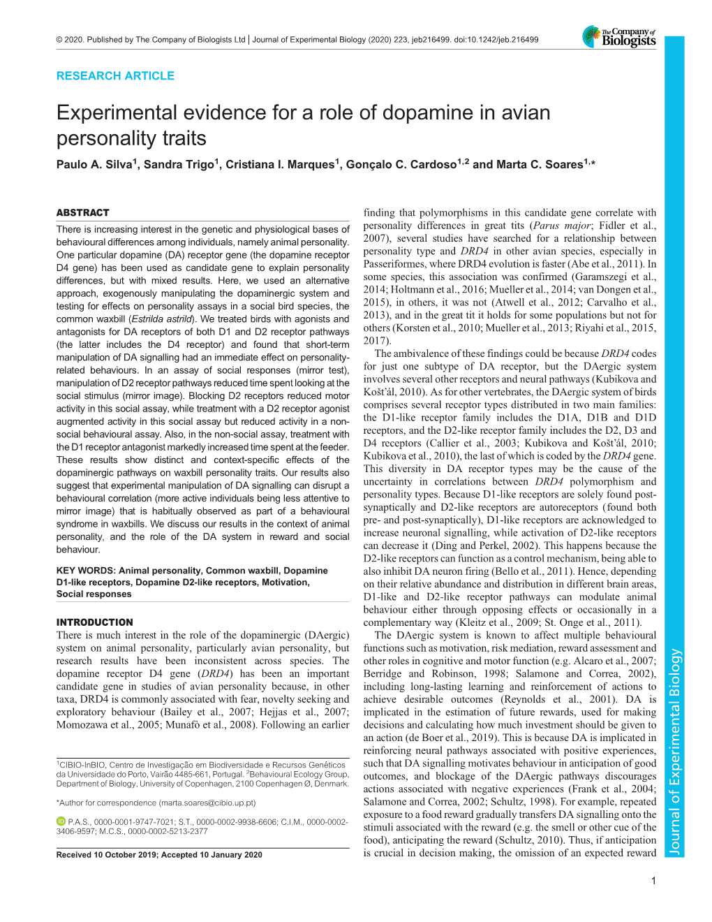 Experimental Evidence for a Role of Dopamine in Avian Personality Traits Paulo A