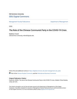 The Role of the Chinese Communist Party in the COVID-19 Crisis
