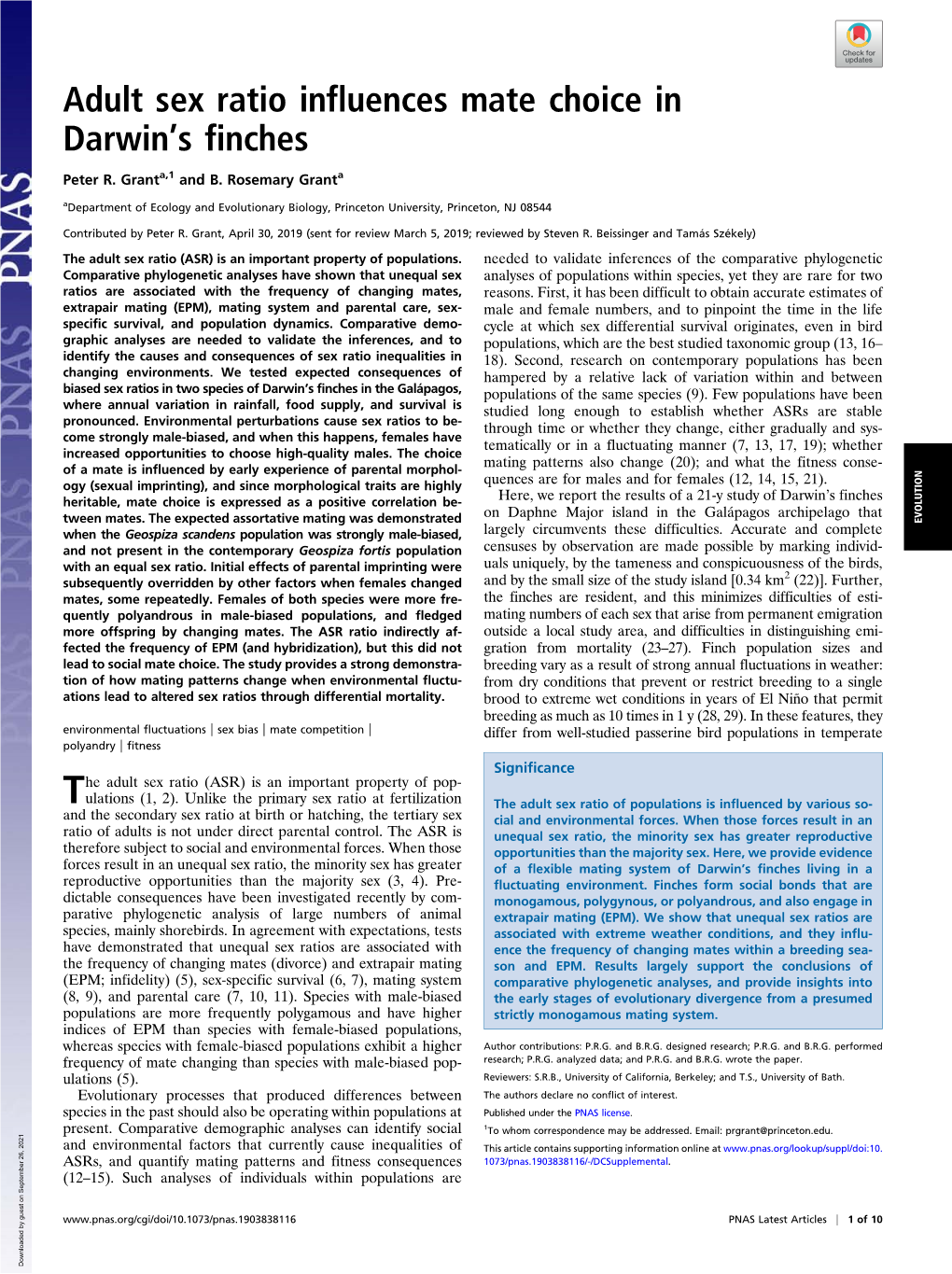 Adult Sex Ratio Influences Mate Choice in Darwin's Finches